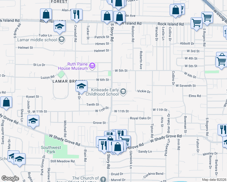 map of restaurants, bars, coffee shops, grocery stores, and more near 706 South Story Road in Irving