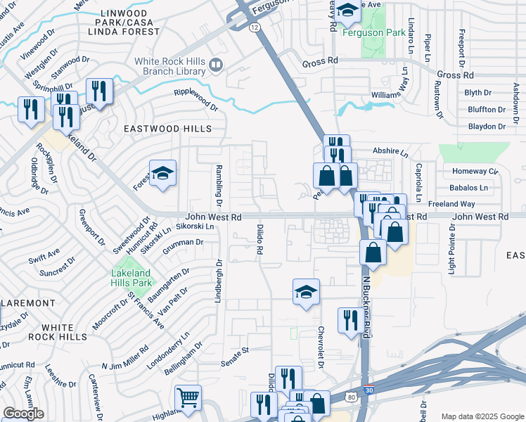 map of restaurants, bars, coffee shops, grocery stores, and more near 1615 John West Road in Dallas
