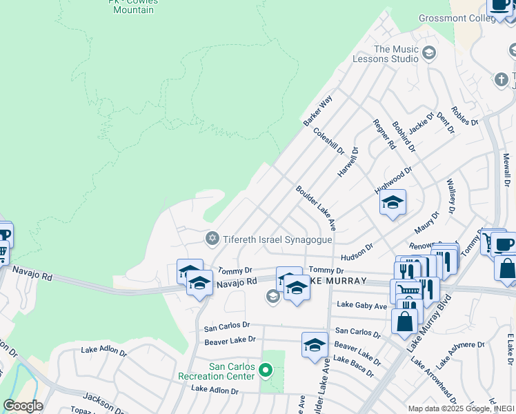 map of restaurants, bars, coffee shops, grocery stores, and more near Cowles Mountain Blvd & Whelan Dr in San Diego