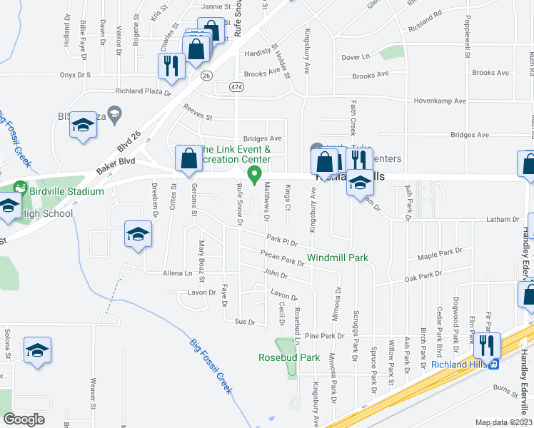 map of restaurants, bars, coffee shops, grocery stores, and more near 3210 Matthews Dr in Richland Hills