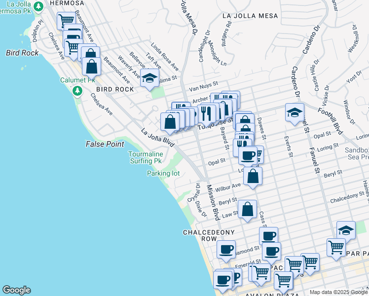 map of restaurants, bars, coffee shops, grocery stores, and more near in San Diego