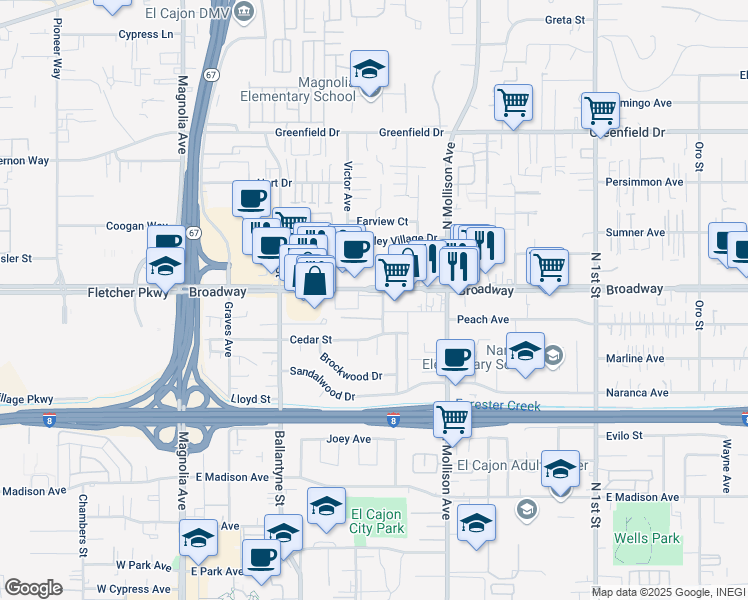 map of restaurants, bars, coffee shops, grocery stores, and more near 702 Broadway in El Cajon