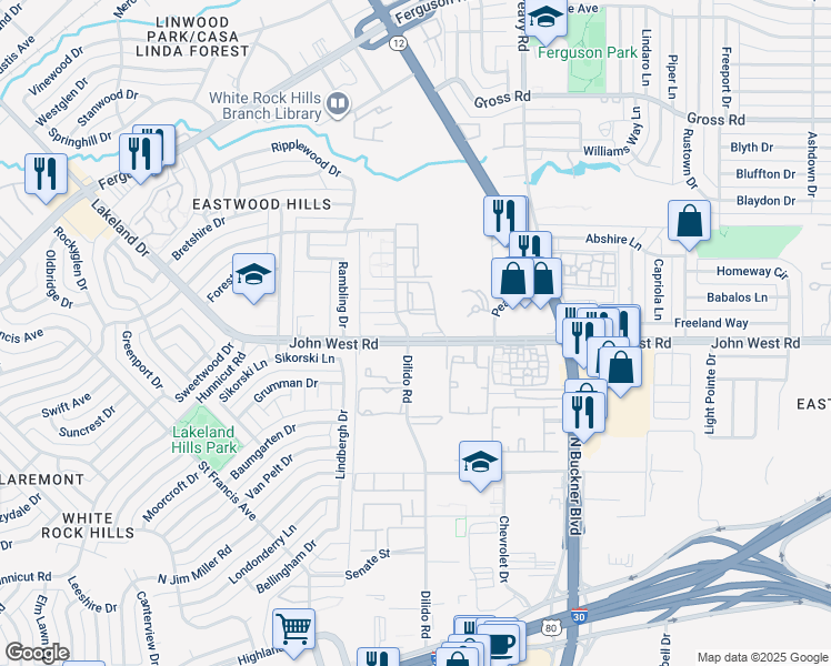 map of restaurants, bars, coffee shops, grocery stores, and more near 1615 John West Road in Dallas