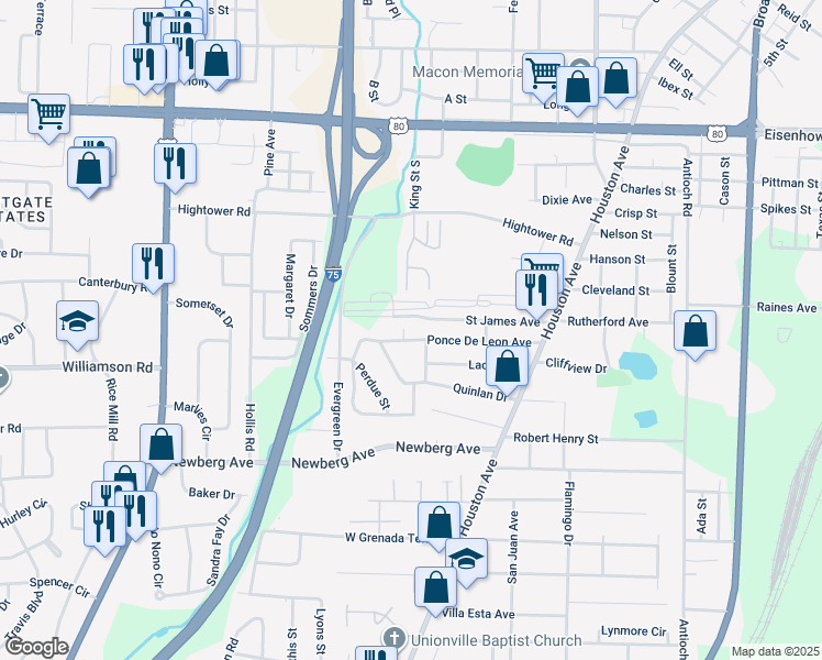 map of restaurants, bars, coffee shops, grocery stores, and more near 801-863 Saint James Avenue in Macon