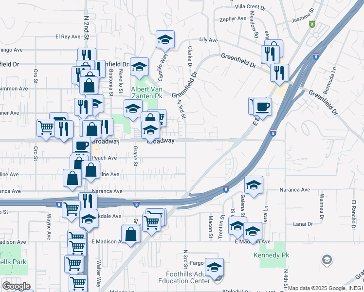 map of restaurants, bars, coffee shops, grocery stores, and more near 1499 Broadway in El Cajon