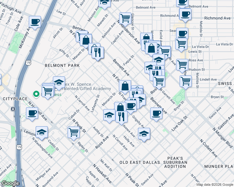 map of restaurants, bars, coffee shops, grocery stores, and more near 2011 North Prairie Avenue in Dallas
