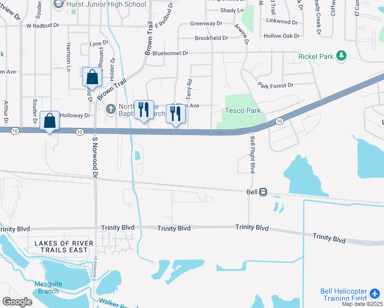 map of restaurants, bars, coffee shops, grocery stores, and more near 600 East Hurst Boulevard in Hurst