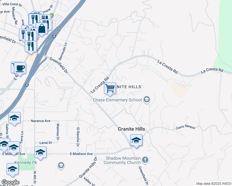 map of restaurants, bars, coffee shops, grocery stores, and more near 1955 Longs Hill Road in El Cajon