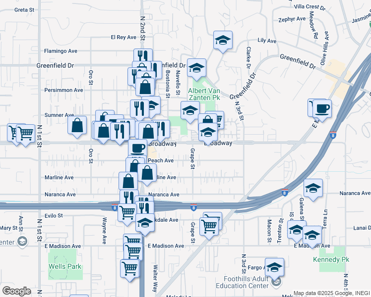 map of restaurants, bars, coffee shops, grocery stores, and more near 1376 Broadway in El Cajon