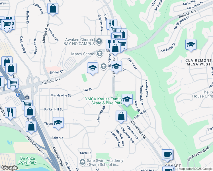 map of restaurants, bars, coffee shops, grocery stores, and more near 3664 Clairemont Drive in San Diego
