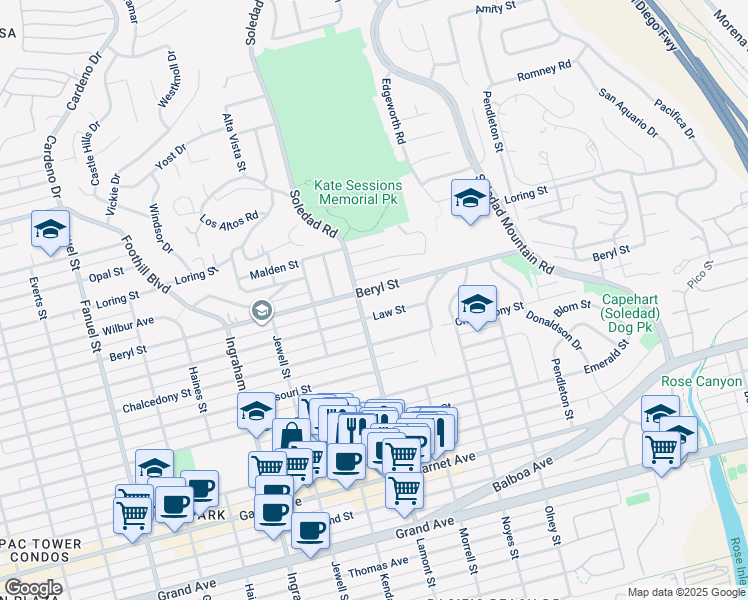 map of restaurants, bars, coffee shops, grocery stores, and more near 1920 Beryl Street in San Diego