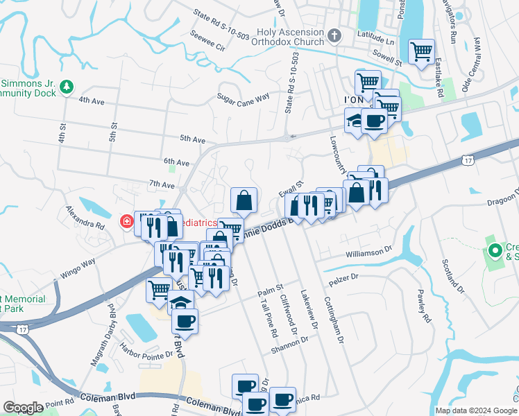 map of restaurants, bars, coffee shops, grocery stores, and more near 809 Hideaway Bay Lane in Mount Pleasant