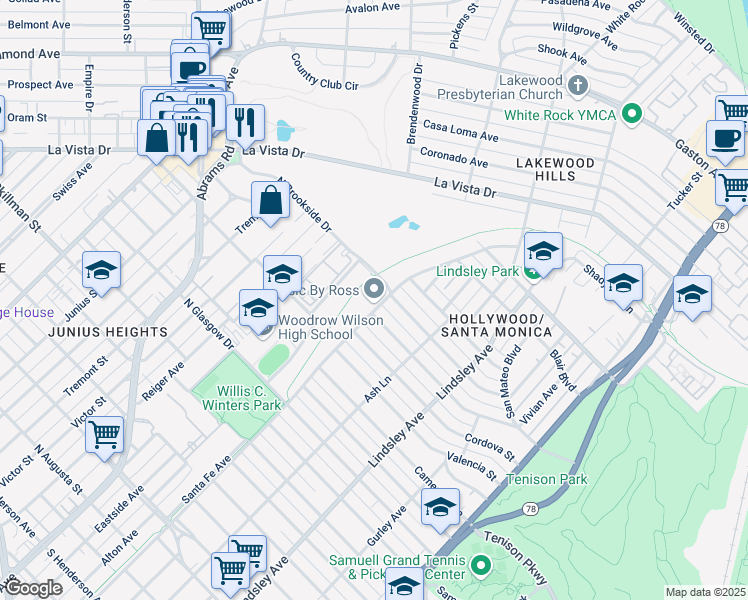 map of restaurants, bars, coffee shops, grocery stores, and more near 100 North Brookside Drive in Dallas