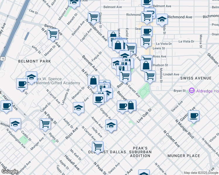 map of restaurants, bars, coffee shops, grocery stores, and more near 1721 North Garrett Avenue in Dallas