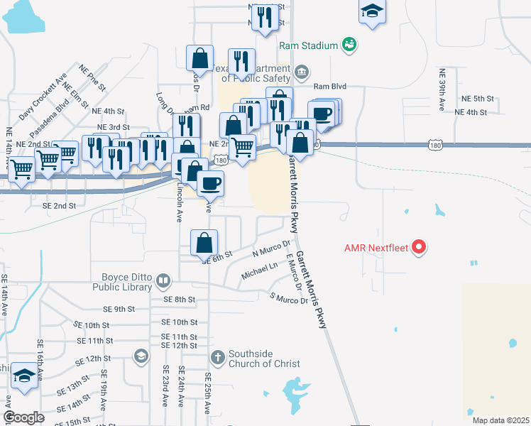 map of restaurants, bars, coffee shops, grocery stores, and more near 194 Garrett Morris Parkway in Mineral Wells