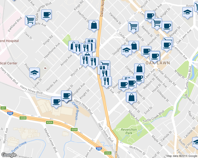 map of restaurants, bars, coffee shops, grocery stores, and more near Maple Ave & Knight St in Dallas