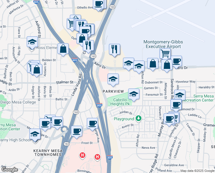 map of restaurants, bars, coffee shops, grocery stores, and more near 3455 Kearny Villa Road in San Diego