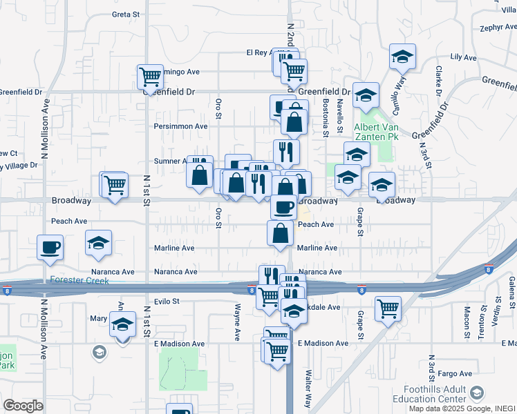 map of restaurants, bars, coffee shops, grocery stores, and more near 1282 Broadway in El Cajon