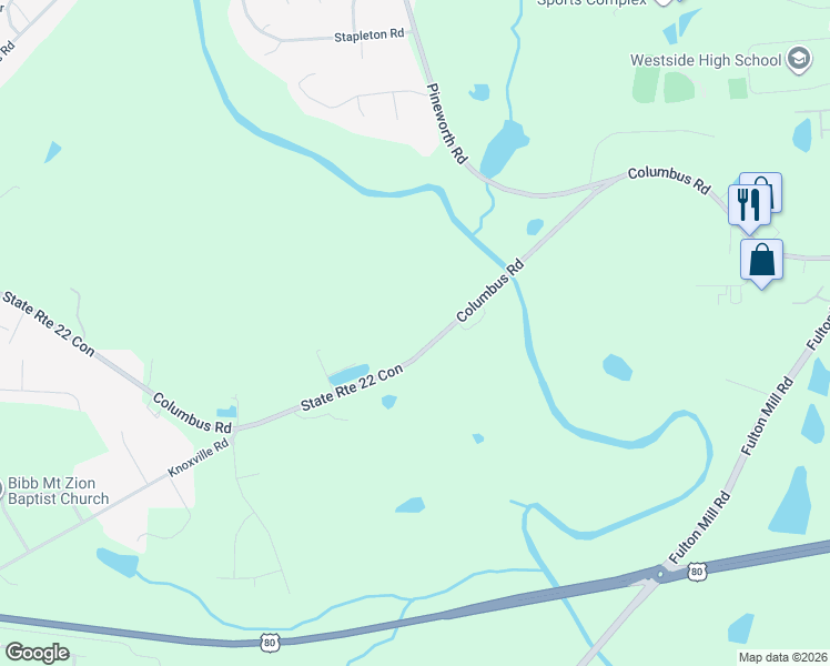 map of restaurants, bars, coffee shops, grocery stores, and more near 6411 Columbus Road in Lizella