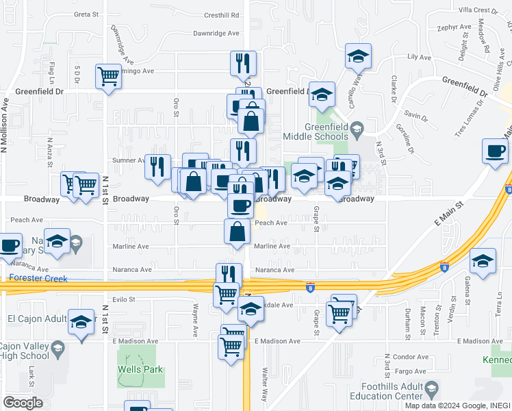 map of restaurants, bars, coffee shops, grocery stores, and more near 1302 Broadway in El Cajon