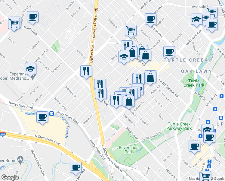 map of restaurants, bars, coffee shops, grocery stores, and more near 2696C Throckmorton Street in Dallas