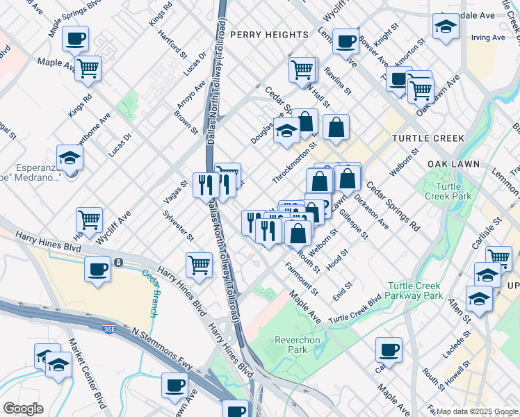 map of restaurants, bars, coffee shops, grocery stores, and more near 2626 Throckmorton Street in Dallas
