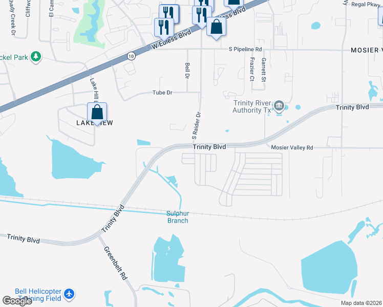 map of restaurants, bars, coffee shops, grocery stores, and more near 10899 Trinity Boulevard in Hurst