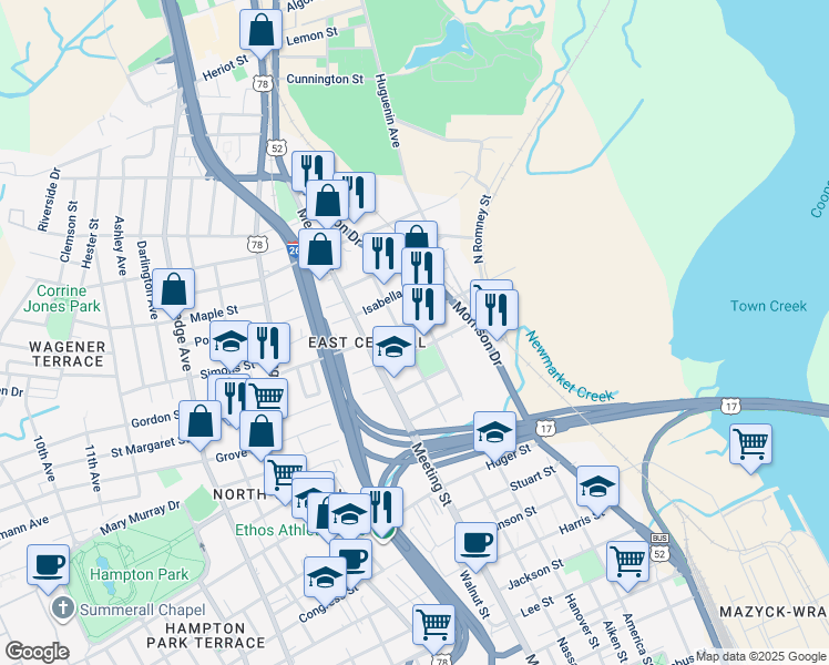 map of restaurants, bars, coffee shops, grocery stores, and more near 55 Romney Street in Charleston