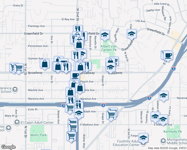 map of restaurants, bars, coffee shops, grocery stores, and more near 1376 Broadway in El Cajon