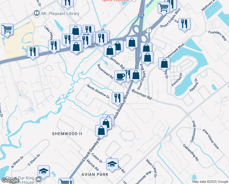 map of restaurants, bars, coffee shops, grocery stores, and more near 1137 Oakleaf Drive in Mount Pleasant