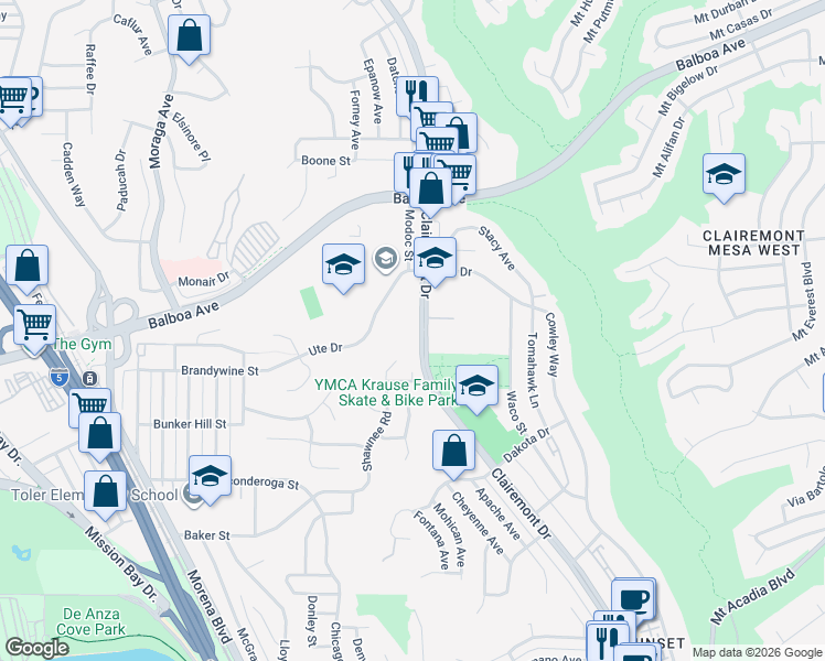 map of restaurants, bars, coffee shops, grocery stores, and more near 3664 Clairemont Drive in San Diego