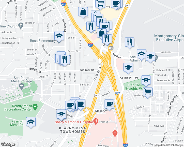 map of restaurants, bars, coffee shops, grocery stores, and more near 8024 Linda Vista Road in San Diego