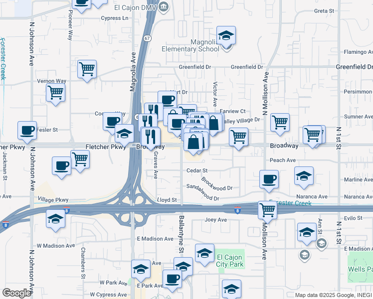 map of restaurants, bars, coffee shops, grocery stores, and more near 401 Broadway in El Cajon