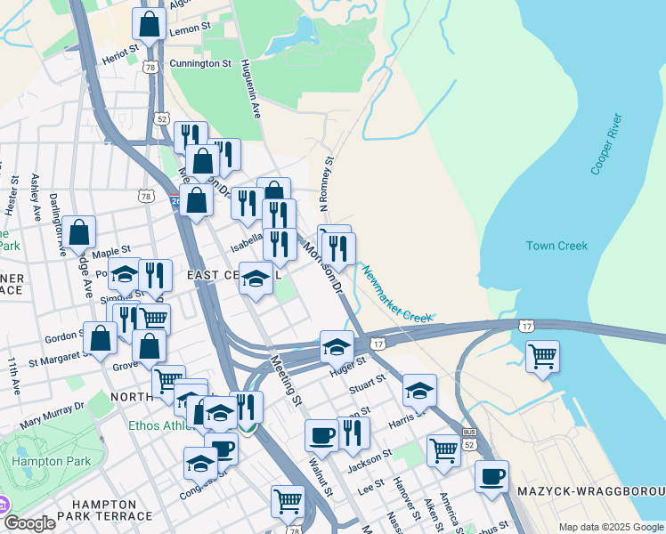 map of restaurants, bars, coffee shops, grocery stores, and more near 990 Morrison Drive in Charleston