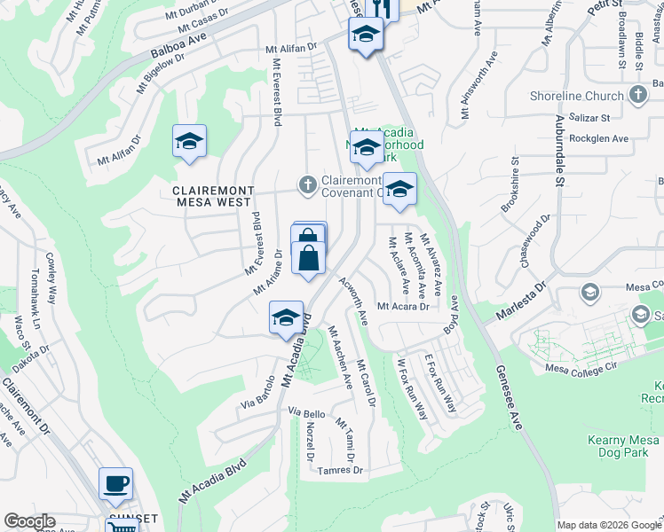 map of restaurants, bars, coffee shops, grocery stores, and more near 3602 Mount Acadia Boulevard in San Diego