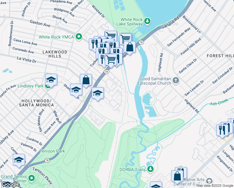 map of restaurants, bars, coffee shops, grocery stores, and more near 7425 La Vista Drive in Dallas