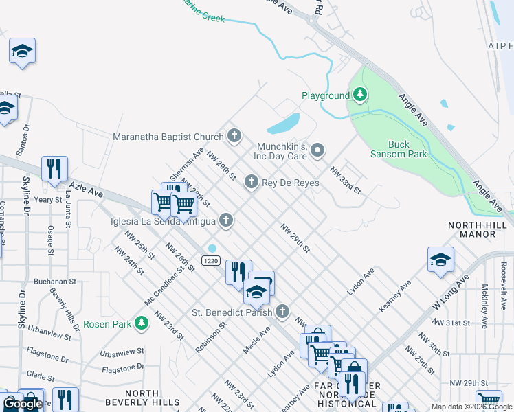 map of restaurants, bars, coffee shops, grocery stores, and more near 3217 Northwest 29th Street in Fort Worth