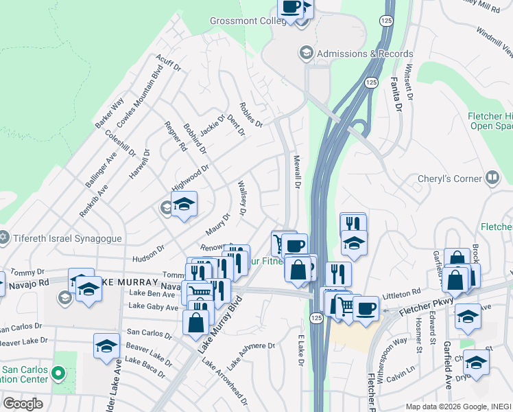map of restaurants, bars, coffee shops, grocery stores, and more near 8805 Highsmith Lane in San Diego