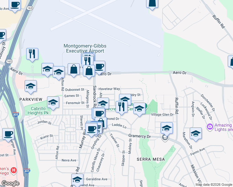 map of restaurants, bars, coffee shops, grocery stores, and more near 3577 Ediwhar Avenue in San Diego