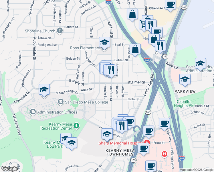 map of restaurants, bars, coffee shops, grocery stores, and more near 7490 Beagle Street in San Diego