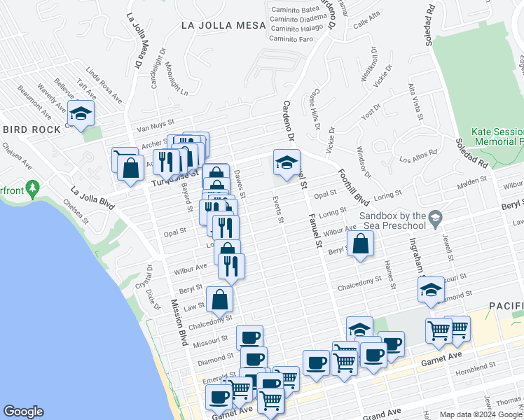 map of restaurants, bars, coffee shops, grocery stores, and more near 1141 Tourmaline Street in San Diego