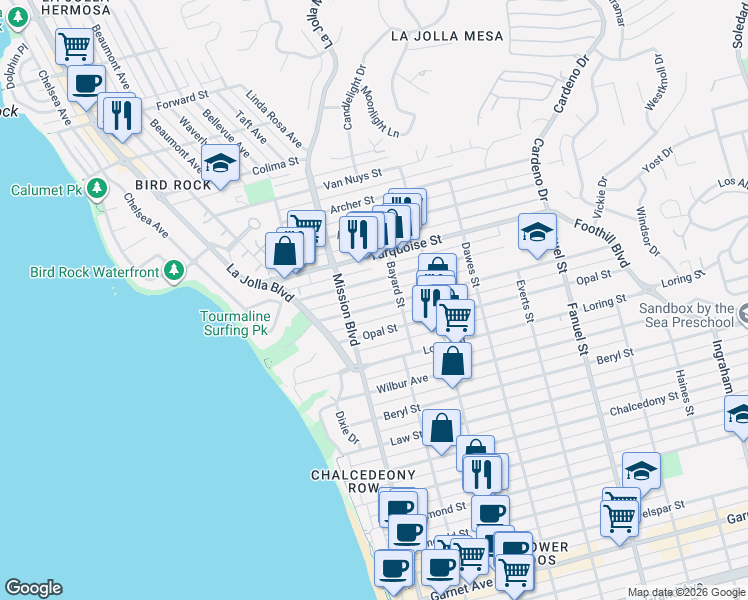 map of restaurants, bars, coffee shops, grocery stores, and more near 838 Sapphire Street in San Diego