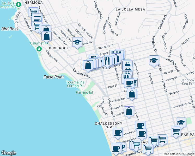map of restaurants, bars, coffee shops, grocery stores, and more near in San Diego