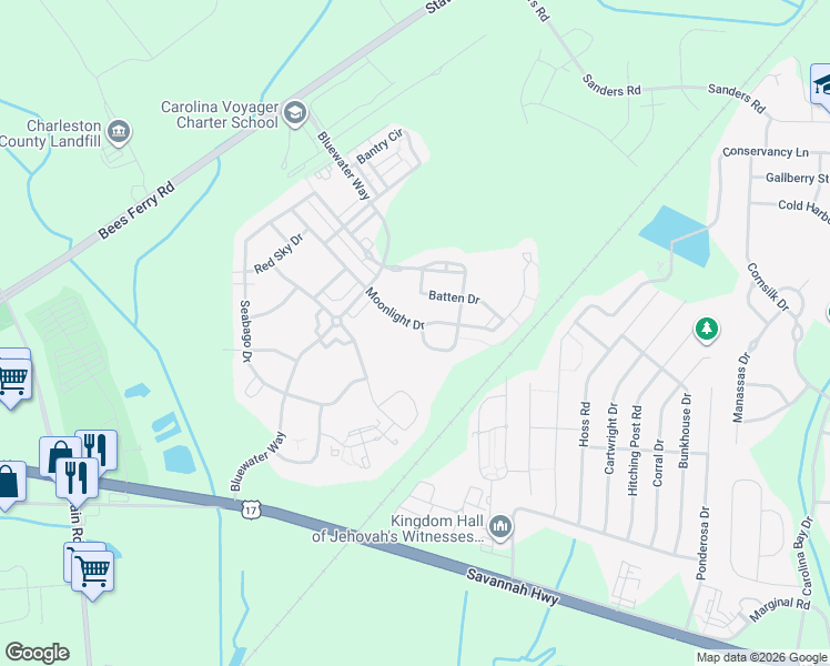 map of restaurants, bars, coffee shops, grocery stores, and more near 3148 Moonlight Drive in Charleston