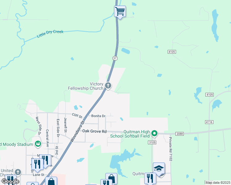 map of restaurants, bars, coffee shops, grocery stores, and more near 1202-1305 Cedar Drive in Quitman