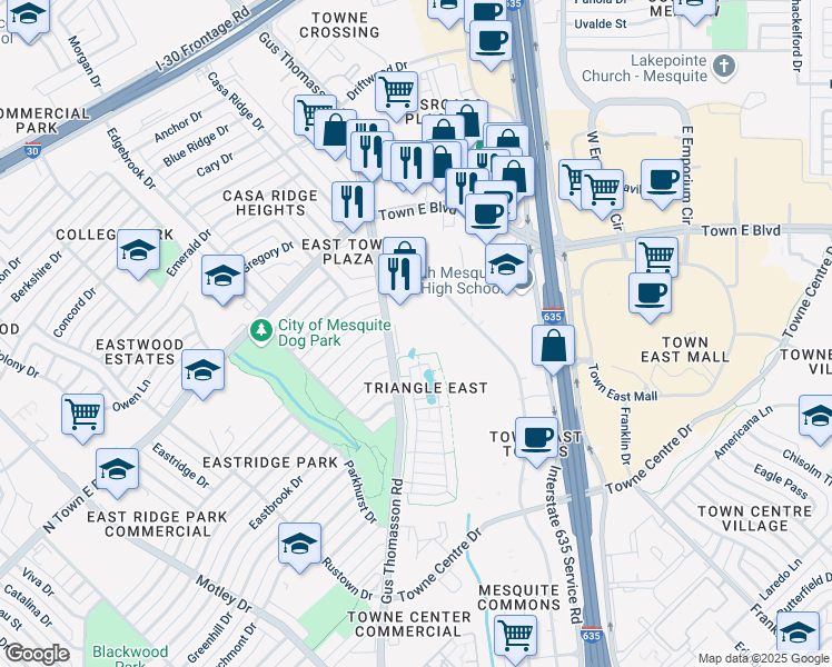 map of restaurants, bars, coffee shops, grocery stores, and more near 3220 Gus Thomasson Road in Mesquite