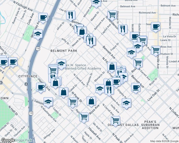 map of restaurants, bars, coffee shops, grocery stores, and more near 4650 Deere Street in Dallas