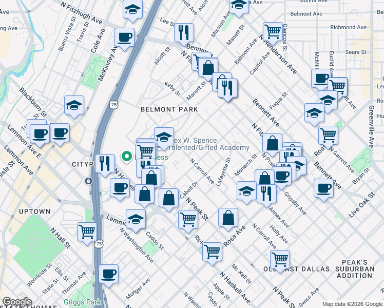 map of restaurants, bars, coffee shops, grocery stores, and more near 4531 Rusk Avenue in Dallas