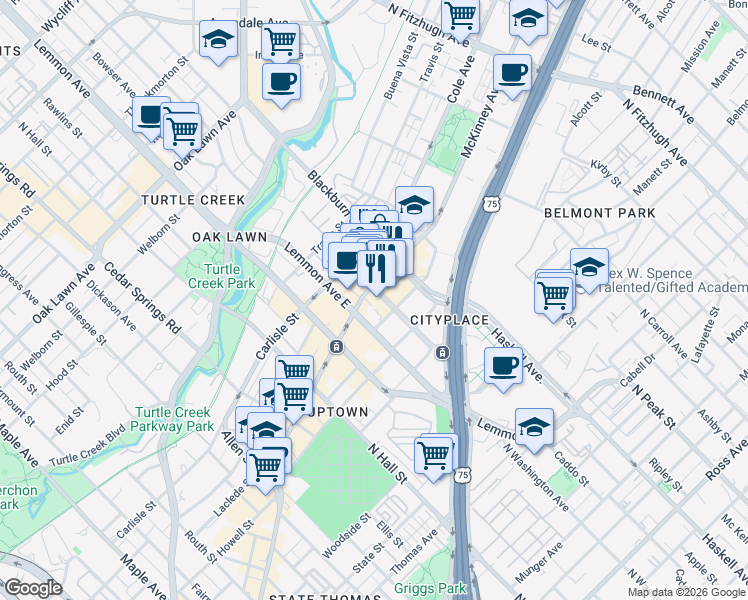 map of restaurants, bars, coffee shops, grocery stores, and more near 3700 McKinney Avenue in Dallas