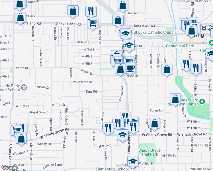 map of restaurants, bars, coffee shops, grocery stores, and more near 634 South Rogers Road in Irving